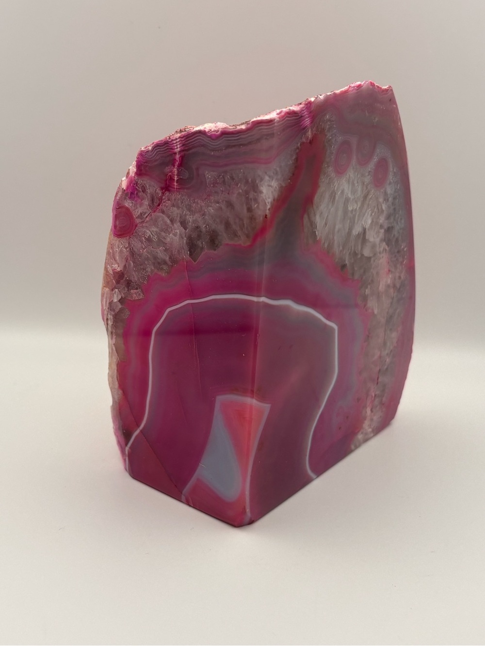 Polished Pink-Dyed Brazilian Agate Geode Quartz Crystal Bookend or Display Piece